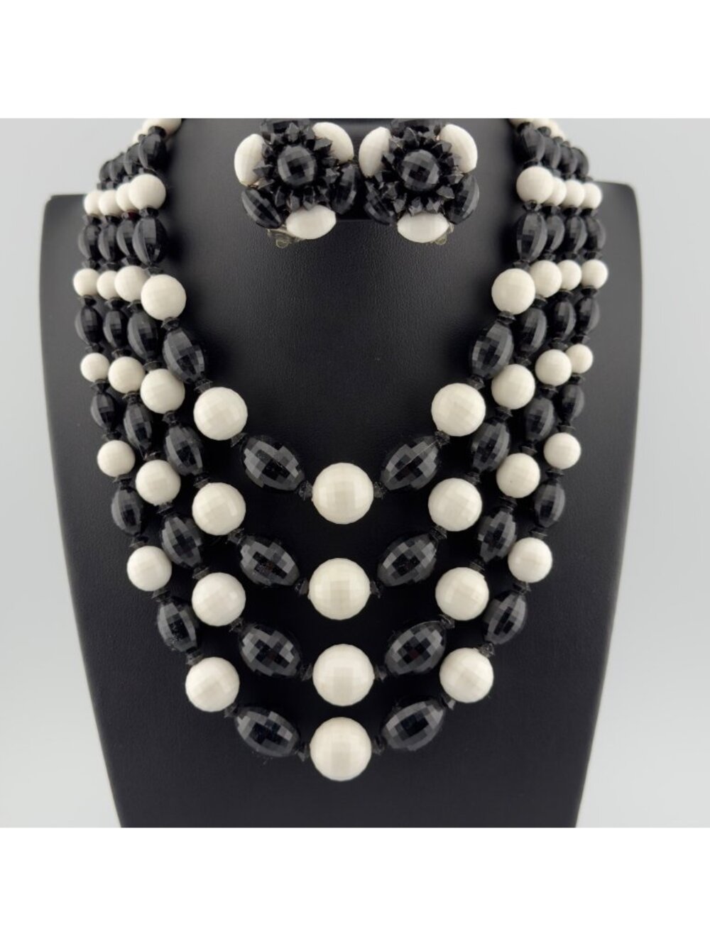 Vintage Black White Multi Strand Beaded Necklace Matching Clip On Earrings